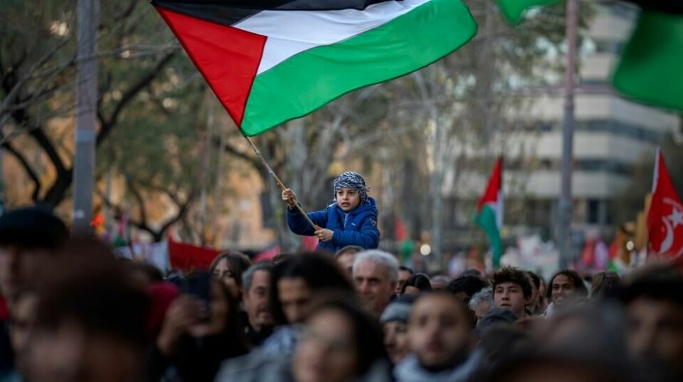 Nærmere 150 land i verden har nå anerkjent Palestina som uavhengig stat, og Israels krigføring på Gazastripen har på nytt satt søkelys på palestinernes skjebne. Dette bildet er fra en demonstrasjon i Barcelona i Spania.