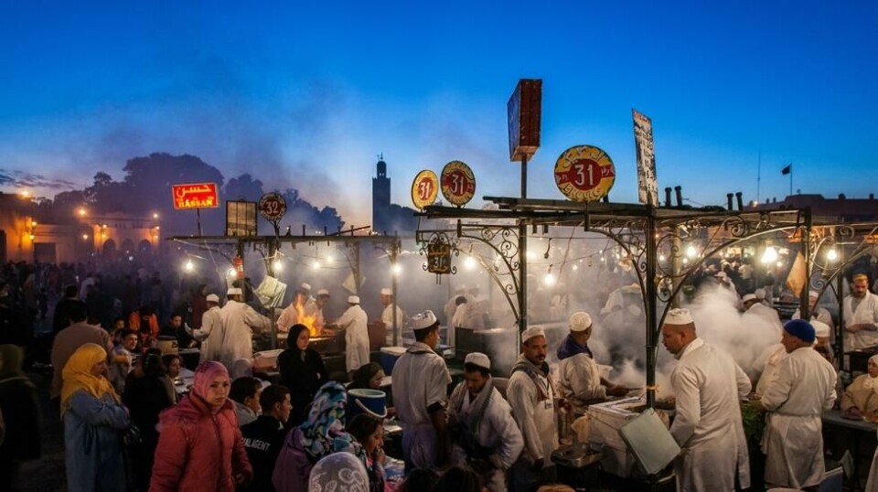 GOD MAT: Djermaa el-Fna er selve livsnerven i Marrakech, og et sted der du kan spise godt for en rimelig penge.