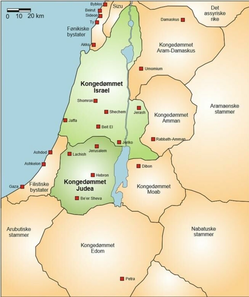 Kartet viser kongedømmene Israel og Juda (Judea) etter at de splittet opp i 930 f.Kr. Navnet «Palestina» kommer antakelig fra de filistiske bystatene. Kartet viser kongedømmene Israel og Juda (Judea) etter at de splittet opp i 930 f.Kr. Navnet «Palestina» kommer antakelig fra de filistiske bystatene. Foto: FinnWikiNo / Creative Commons 3.0