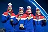 F.v.: Robert Johansson, Johann André Forfang, Andreas Stjernen og Daniel-André Tande med gullmedaljene sine etter laghoppseieren under OL i Pyeongchang. Foto: Terje Pedersen / NTB scanpix