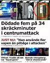 «Drepte fem på 34 skrekkminutter i sentrumsangrep». Slik ser forsiden til Aftonbladet ut torsdag morgen. Foto: Skjermdump
