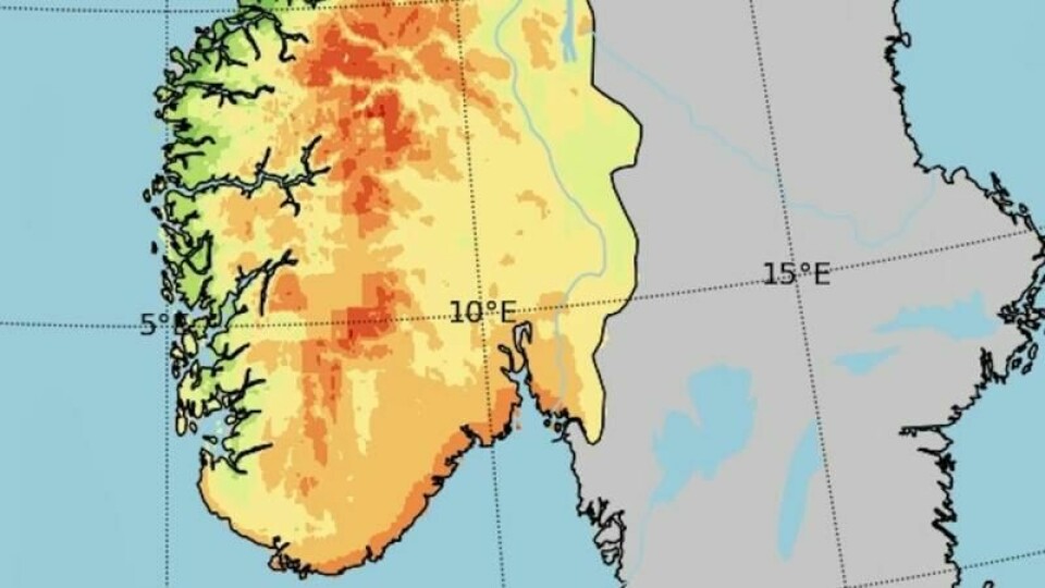 Her er det mest sol, viser det nye solkartet. (Kart fra Meteorologisk institutt og IFE)