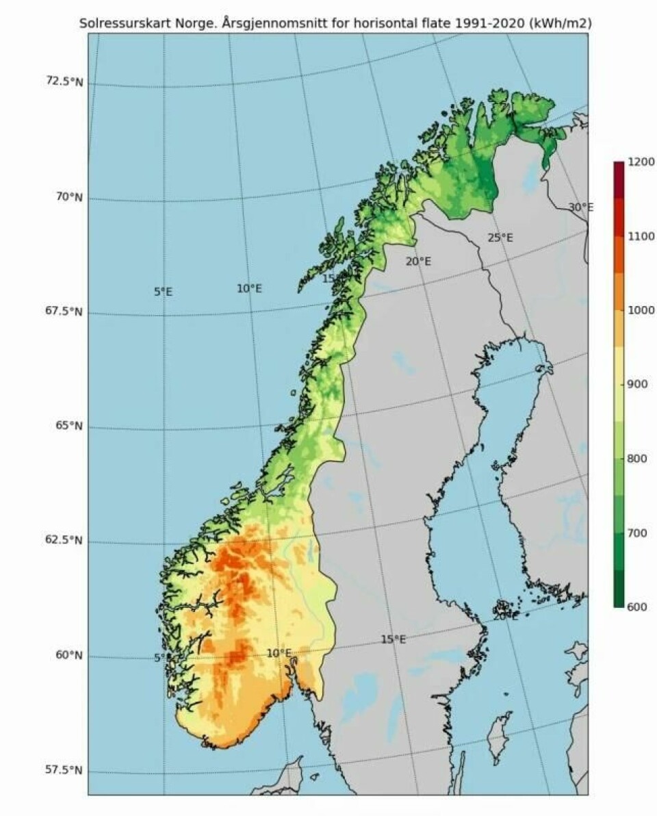 Slik ser hele solressurskartet ut. (Kilde: Meteorologisk institutt og IFE) Slik ser hele solressurskartet ut. (Kilde: Meteorologisk institutt og IFE)