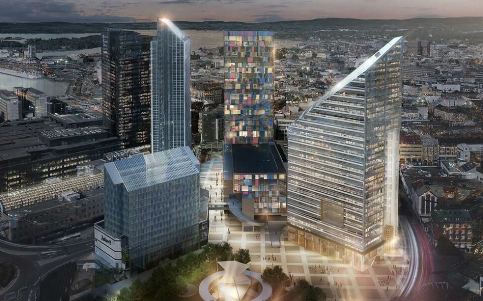 I Norges Varemesses forslag til hvordan Oslo Spektrum kan bli seendes ut, har LPO arkitekter også tegnet inn de tre nye planlagte etasjene på Oslo Plaza, med tilbygg. I tillegg til Entras planlagte bygg Solar. Illustrasjon: LPO-arkitekter I Norges Varemesses forslag til hvordan Oslo Spektrum kan bli seendes ut, har LPO arkitekter også tegnet inn de tre nye planlagte etasjene på Oslo Plaza, med tilbygg. I tillegg til Entras planlagte bygg Solar. Illustrasjon: LPO-arkitekter
