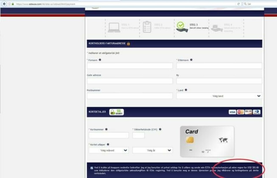 Det er lurt å lese det med liten skrift. Estausa.com tar seg 83 dollar for å sende inn søknaden for deg. Det er lurt å lese det med liten skrift. Estausa.com tar seg 83 dollar for å sende inn søknaden for deg. Foto: Skjermdump
