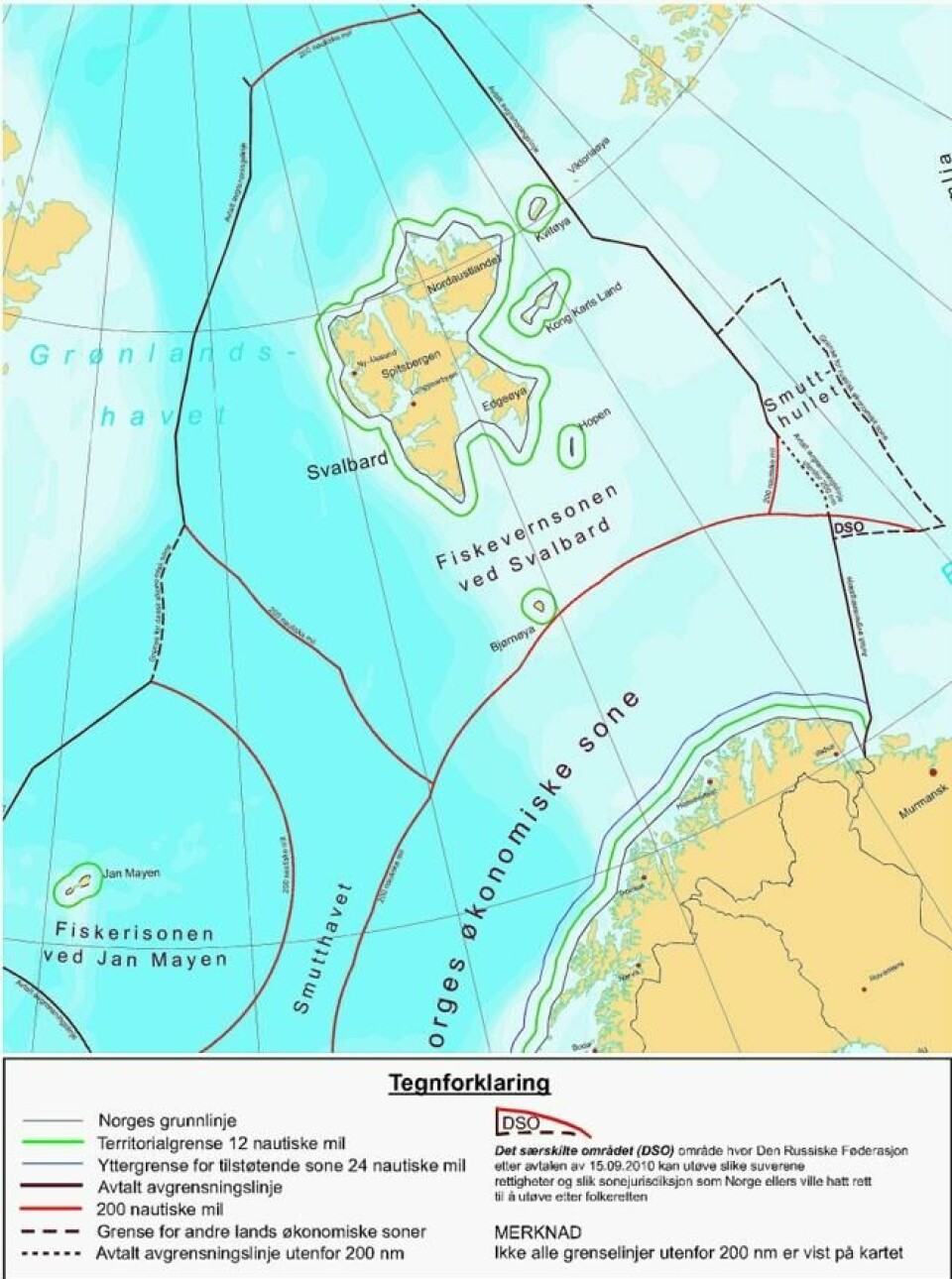 Norges maritime grenser. EU mener at Norge ikke kan begrense fisket og annen næringsvirksomhet i fiskevernsonen ved Svalbard Norges maritime grenser. EU mener at Norge ikke kan begrense fisket og annen næringsvirksomhet i fiskevernsonen ved Svalbard Foto: Forsvarets militærgeografiske tjeneste