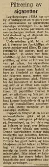 Avisa Raumnes skrev i juli 1953 om et forsøk med sigarettfilter for å belyse påstanden om sammenhengen mellom stor tobakksforbruk og et stigende antall tilfeller av lungekreft. Blant annet testet man filter som besto av en kombinasjon av asbest og papir. Faksimile: Raumnes