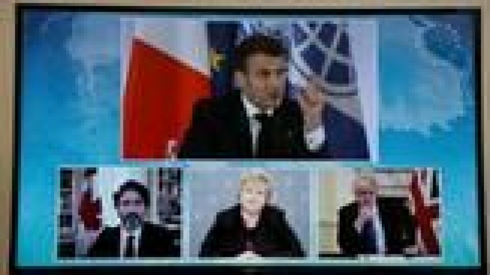 Statsminister Erna Solberg deltok mandag på det digitale One Planet-toppmøtet sammen med blant andre Frankrikes president Emmanuel Macron (øverst), Storbritannias statsminister Boris Johnson (t.h.) og Canadas statsminister Justin Trudeau (t.v.). Statsminister Erna Solberg deltok mandag på det digitale One Planet-toppmøtet sammen med blant andre Frankrikes president Emmanuel Macron (øverst), Storbritannias statsminister Boris Johnson (t.h.) og Canadas statsminister Justin Trudeau (t.v.).