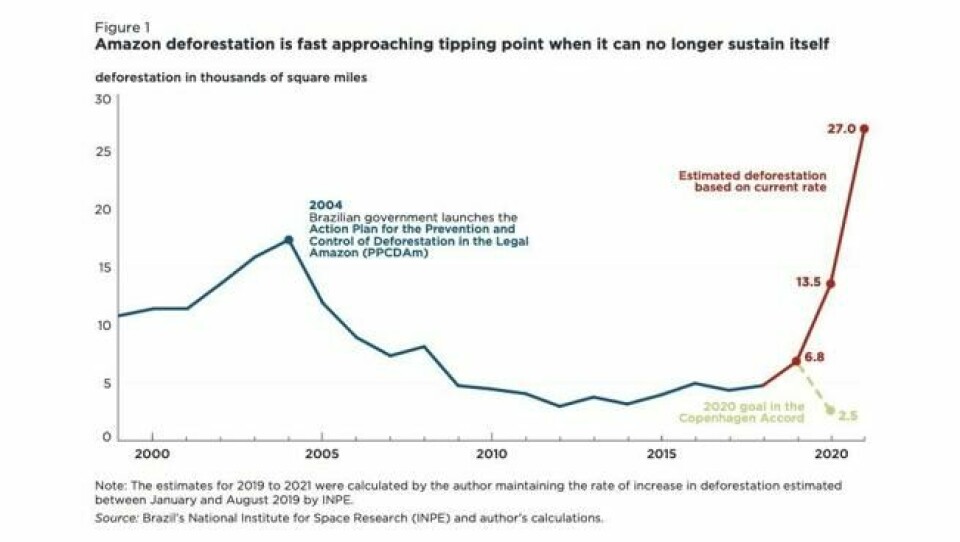Grafen viser hvordan de Bolle anslår at avskogingsraten vil øke fremover om man fortsetter på samme rate som i dag. Resultatet er omstridt også blant klimaforskere. Grafen viser hvordan de Bolle anslår at avskogingsraten vil øke fremover om man fortsetter på samme rate som i dag. Resultatet er omstridt også blant klimaforskere. Foto: INPE/de Bolle