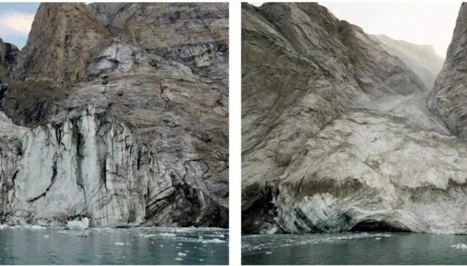Hvis man sammenligner et foto tatt måneden før fjellskredet (til venstre) med et tatt noen dager etterpå, er det lett å se delen av fjellet som raste ned fra breen og videre ned i fjorden. Hvis man sammenligner et foto tatt måneden før fjellskredet (til venstre) med et tatt noen dager etterpå, er det lett å se delen av fjellet som raste ned fra breen og videre ned i fjorden. Foto: Søren Rysgaard og Arktisk Kommando