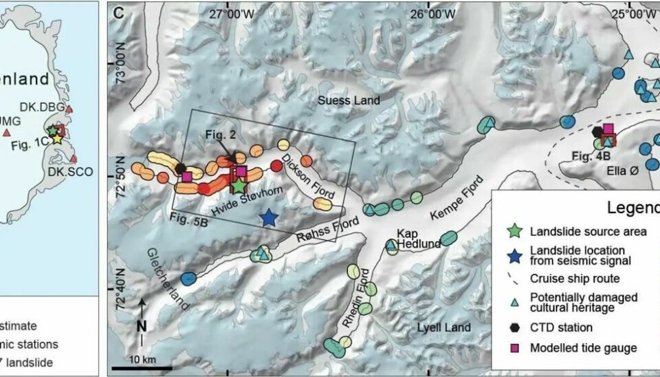 På kartet over Grønland markerer den grønne stjernen hvor fjellskredet fant sted. Til høyre viser de forskjellige fargene hvor mye vannet steg i Dicksonfjorden og de omkringliggende fjordene. (Illustrasjon: K. Svennevig et. al./Science). På kartet over Grønland markerer den grønne stjernen hvor fjellskredet fant sted. Til høyre viser de forskjellige fargene hvor mye vannet steg i Dicksonfjorden og de omkringliggende fjordene. (Illustrasjon: K. Svennevig et. al./Science).