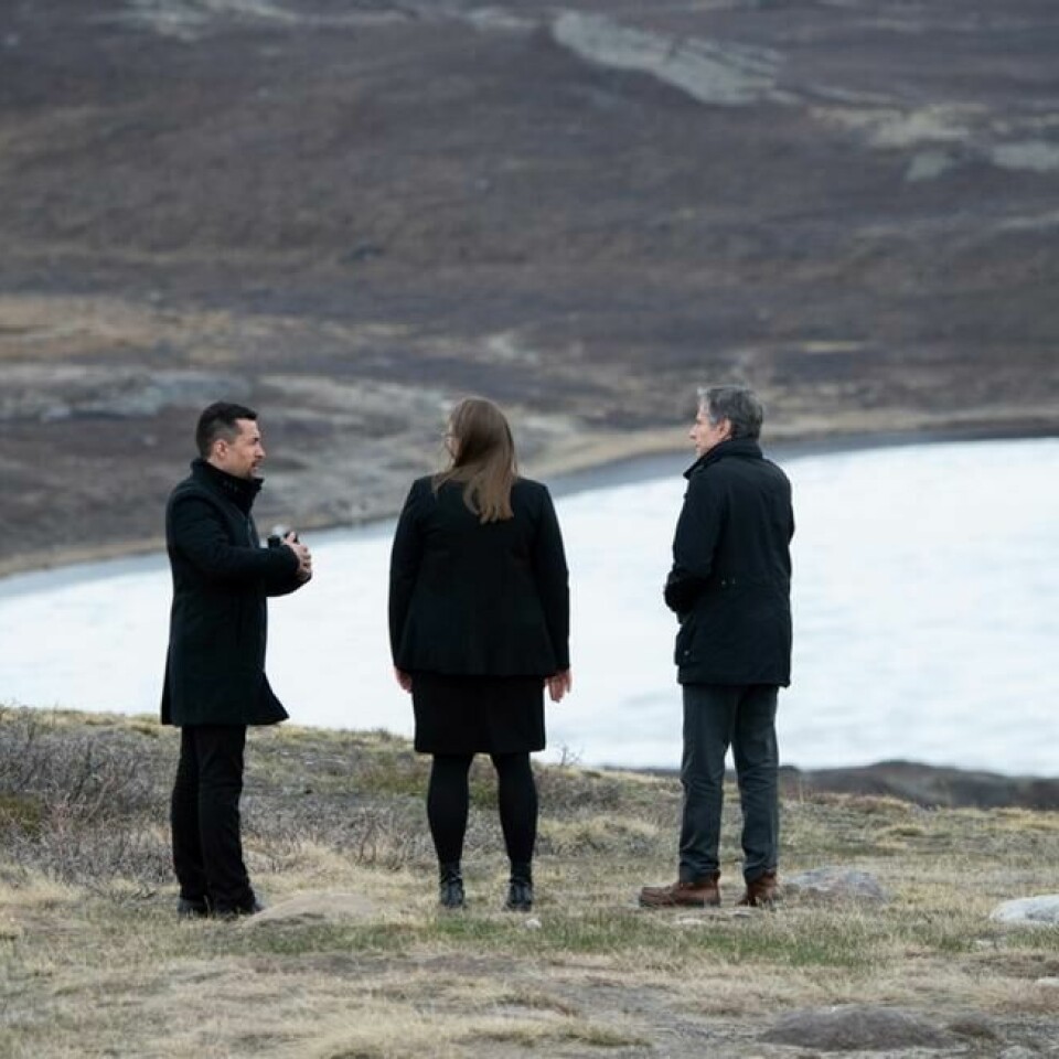 USAs utenriksminister Antony Blinken (t.h.) på Grønland, sammen med Grønlands statsminister Mute Egede (t.v.), og dr. Me Winding på Grønland, 20. mai i år. USAs utenriksminister Antony Blinken (t.h.) på Grønland, sammen med Grønlands statsminister Mute Egede (t.v.), og dr. Me Winding på Grønland, 20. mai i år. Foto: Saul Loeb / AP / NTB scanpix
