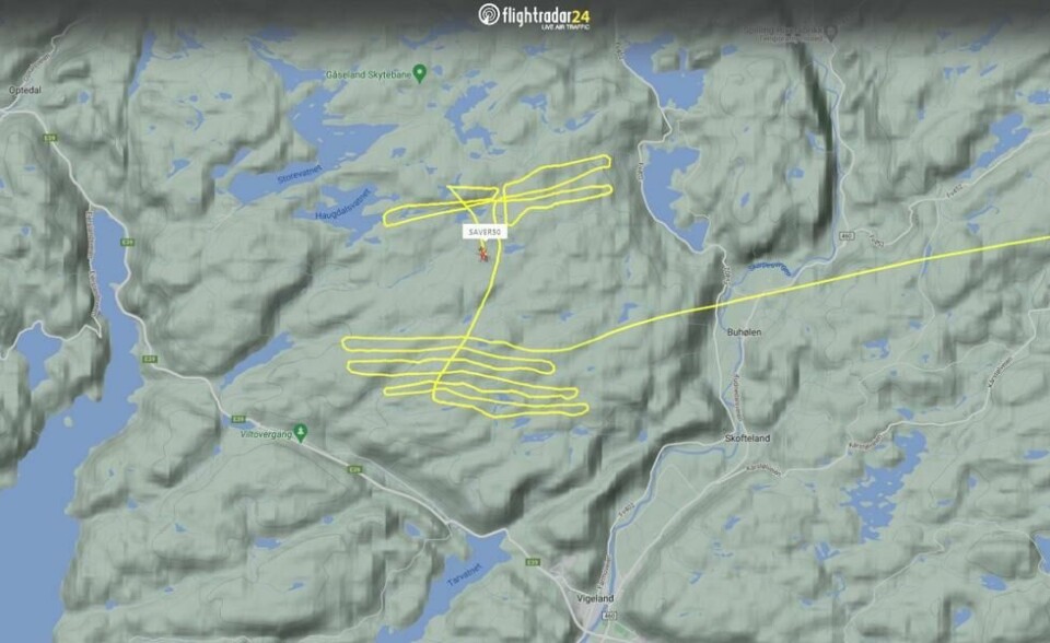I dette området foregikk søket etter sju-åringen som kom bort fra familien sin. På Flightradar24 ser man hvordan redningshelikopteret SAR Queen søkte ved 19-tiden mandag. I dette området foregikk søket etter sju-åringen som kom bort fra familien sin. På Flightradar24 ser man hvordan redningshelikopteret SAR Queen søkte ved 19-tiden mandag. Foto: Skjermbilde Fra Flightradar24.com / NTB