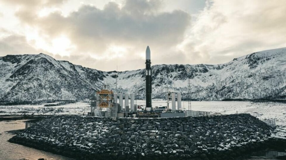Bæreraketten Spectrum på utskytningsrampen på Andøya Spaceport. Mandagens planlagte testoppskyting ble avlyst på grunn av dårlige vindforhold.