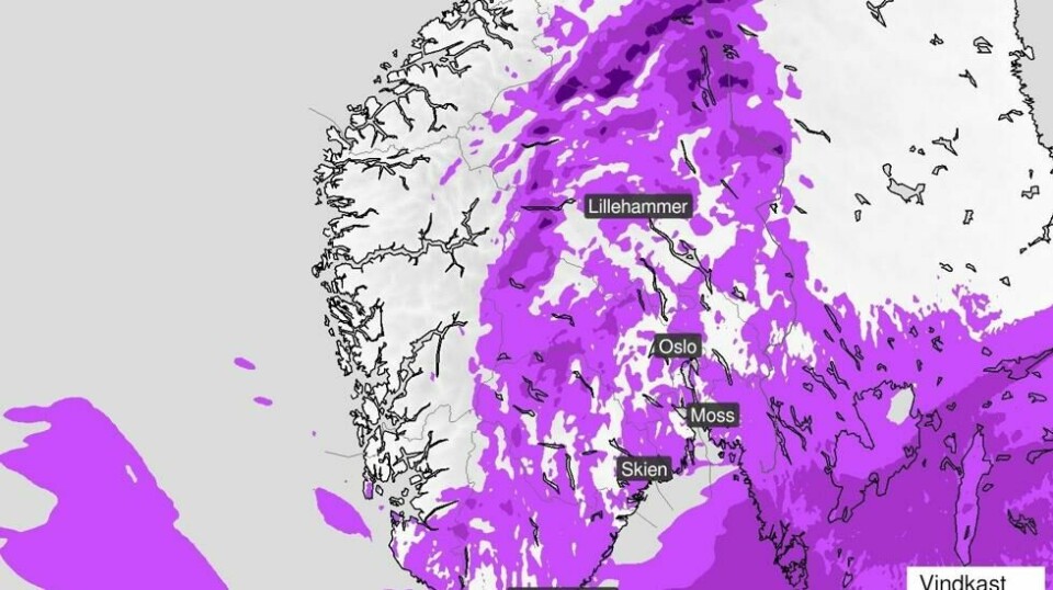 Søndag morgen til litt utpå ettermiddagen kan det lokalt bli noen kraftige vindkast på 15–18 meter per sekund på Østlandet og Sørlandet.