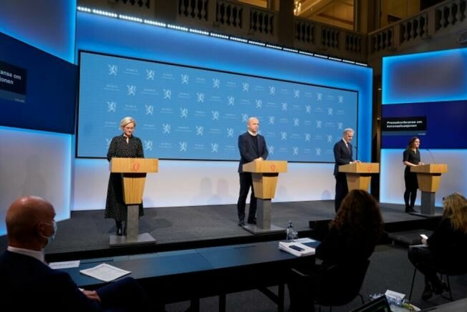 Ingvild Kjerkol (Ap), finansminister Trygve Slagsvold Vedum (Sp), statsminister Jonas Gahr Støre (Ap) og kunnskapsminister Tonje Brenna (Ap) under en pressekonferanse om coronasituasjonen i Norge. Foto: Terje Bendiksby / NTB Ingvild Kjerkol (Ap), finansminister Trygve Slagsvold Vedum (Sp), statsminister Jonas Gahr Støre (Ap) og kunnskapsminister Tonje Brenna (Ap) under en pressekonferanse om coronasituasjonen i Norge. Foto: Terje Bendiksby / NTB