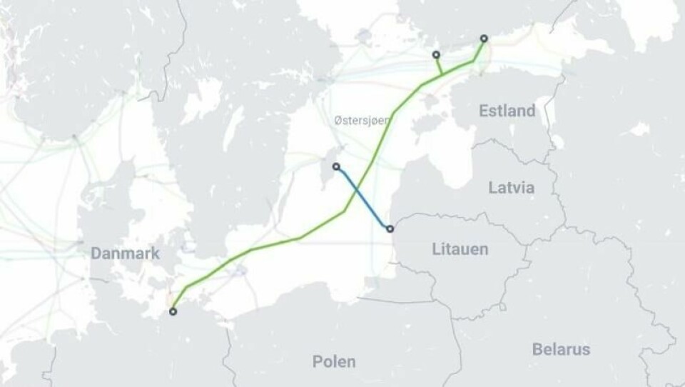 C-Lion1 (grønn) mellom Finland og Tyskland og BCS East-West Interlink (blå) mellom Litauen og Sverige skal være skadet. C-Lion1 (grønn) mellom Finland og Tyskland og BCS East-West Interlink (blå) mellom Litauen og Sverige skal være skadet. Foto: Skjermdump / TeleGeography