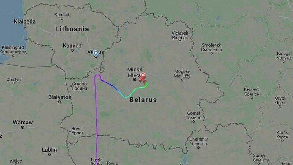 Flyet befant seg like ved Litauens grense da de plutselig ble beordret til Minsk. Flyet befant seg like ved Litauens grense da de plutselig ble beordret til Minsk. Foto: Flightradar24
