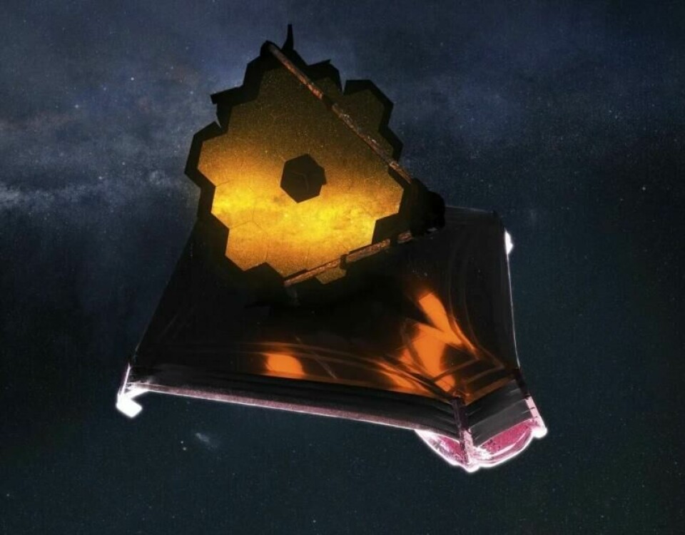 Slik kan James Webb-teleskopet se ut mens det observerer i rommet. Teleskopet blir beskyttet mot solens forstyrrende stråler med solskjoldet nederst i bildet. (Illustrasjon: Adriana Manrique Gutierrez, NASA Animator/NOIRlabs/CC BY 4.0) Slik kan James Webb-teleskopet se ut mens det observerer i rommet. Teleskopet blir beskyttet mot solens forstyrrende stråler med solskjoldet nederst i bildet. (Illustrasjon: Adriana Manrique Gutierrez, NASA Animator/NOIRlabs/CC BY 4.0) Foto: forskning.no