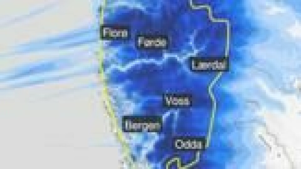 På Vestlandet er det ventet store snømengder mellom tirsdag ettermiddag og onsdag kveld. På Vestlandet er det ventet store snømengder mellom tirsdag ettermiddag og onsdag kveld. Foto: Meteorologisk institutt