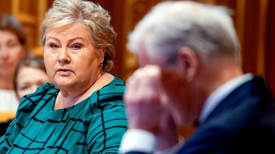 Statsminister Jonas Gahr Støre (Ap) og Høyre-leder Erna Solberg under den muntlige spørretimen i Stortinget onsdag. Foto: Javad Parsa / NTB