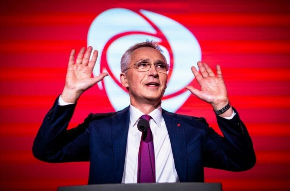 Finansminister Jens Stoltenberg (Ap) taler på Arbeiderpartiets landsmøte fredag.
