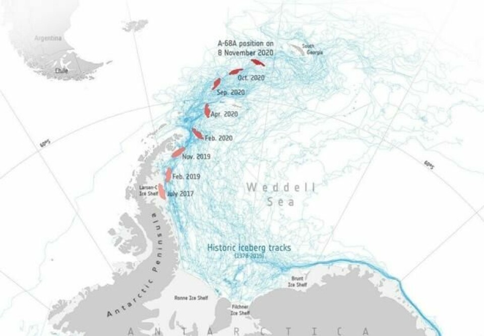 Det var i 2017 isfjellet løsnet fra Larsen-C-breen i Antarktis i den nordvestlige delen av Weddellhave . Isfjellet blir av forskerne omtalt som «A-68A» Det var i 2017 isfjellet løsnet fra Larsen-C-breen i Antarktis i den nordvestlige delen av Weddellhave . Isfjellet blir av forskerne omtalt som «A-68A» Foto: (Skjermdump fra The European Space Agency)