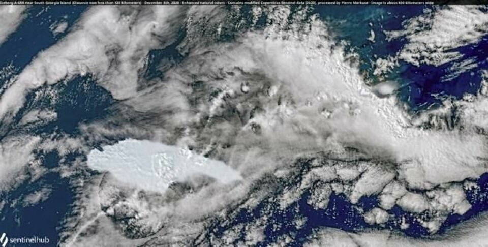 Utsikt over Isberg A-68A fra verdensrommet nær South Georgia Island, Atlanterhavet 8. desember 2020. Utsikt over Isberg A-68A fra verdensrommet nær South Georgia Island, Atlanterhavet 8. desember 2020. Foto: Pierre Markuse / Reuters