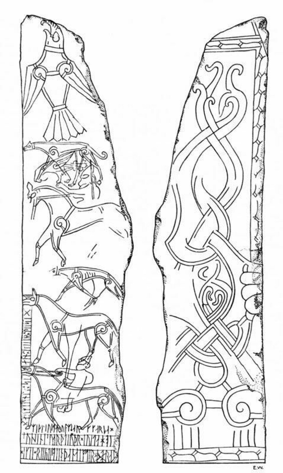 Eldre tegning som viser utsmykningen, dyrefigurer og en del av runene. (Illustrasjon. KHM) Eldre tegning som viser utsmykningen, dyrefigurer og en del av runene. (Illustrasjon. KHM)