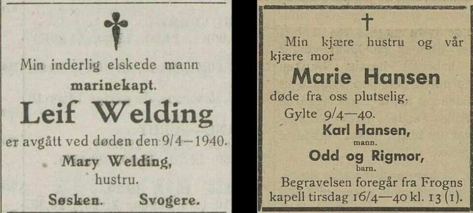 Leif Welding Olsen druknet da vaktbåten han var kaptein på, konfronterte et tysk krigsskip. Anette Marie døde i kampen på Oscarsborg, da Blücher ble senket. (Faksimiler hentet fra avisa Vestfold 15.4.40 og Akershus Amtstidende 15.4.40). Leif Welding Olsen druknet da vaktbåten han var kaptein på, konfronterte et tysk krigsskip. Anette Marie døde i kampen på Oscarsborg, da Blücher ble senket. (Faksimiler hentet fra avisa Vestfold 15.4.40 og Akershus Amtstidende 15.4.40).