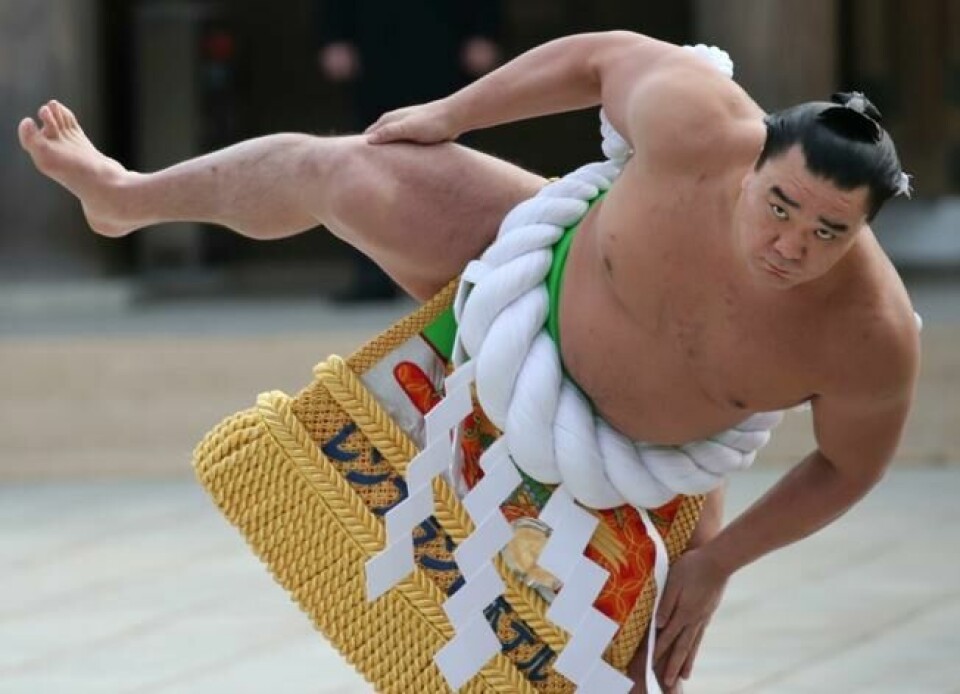 Sumo-stormesteren Harumafuji fra Mongolia opptrer ved Meiji-helligdommen i Tokyo. NTB Scanpix/AP. Sumo-stormesteren Harumafuji fra Mongolia opptrer ved Meiji-helligdommen i Tokyo. NTB Scanpix/AP.