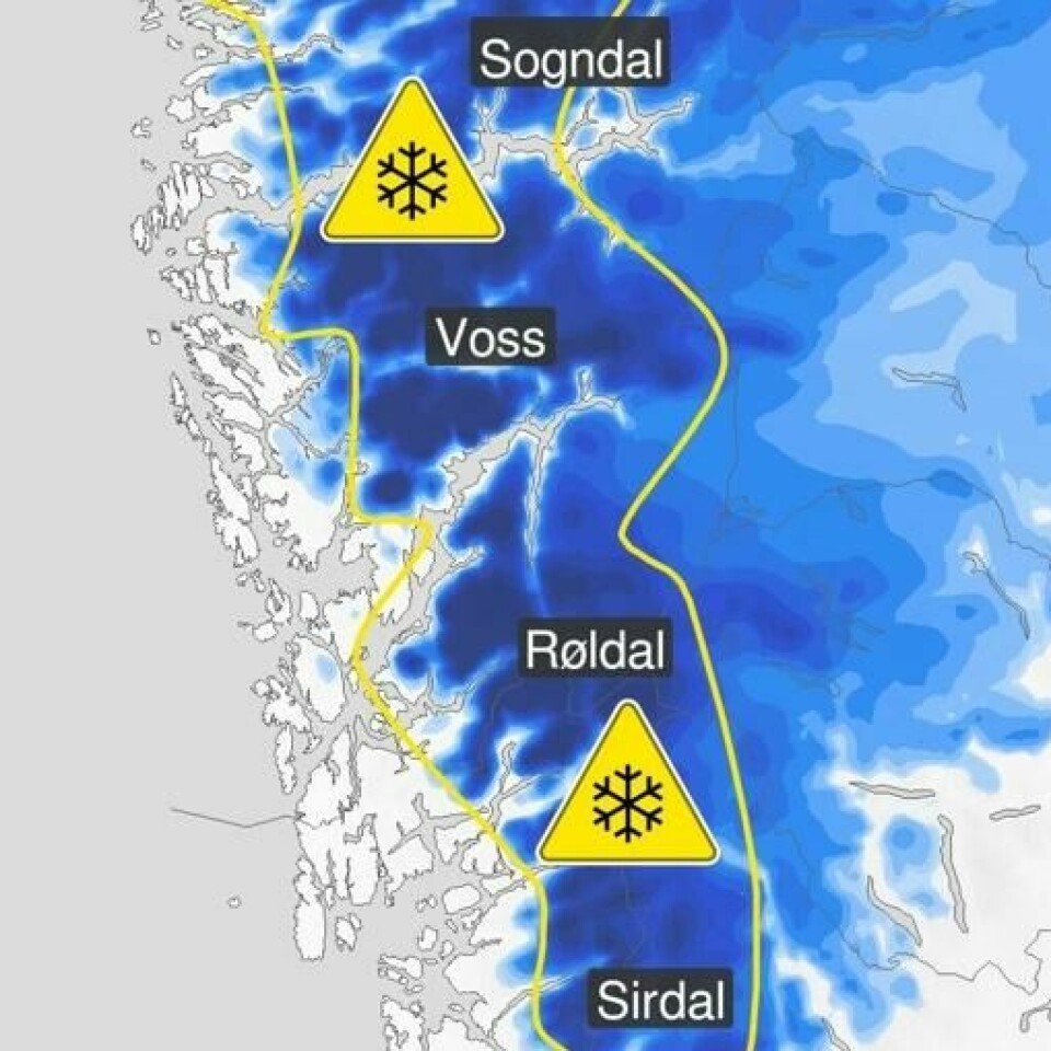 Meteorologene sender ut farevarsel om snø i fjellet i Sør-Norge. Meteorologene sender ut farevarsel om snø i fjellet i Sør-Norge. Foto: Meteorologisk institutt / X