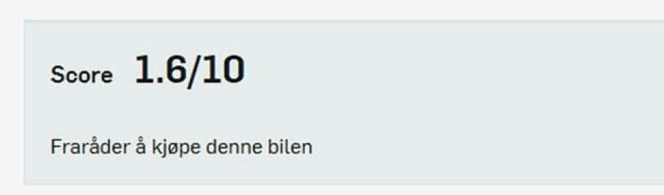 Tidenes laveste poengsum for en bilvurdering. Konklusjonen er også ganske tydelig. Faksimile fra Brooms bilguide. Tidenes laveste poengsum for en bilvurdering. Konklusjonen er også ganske tydelig. Faksimile fra Brooms bilguide.