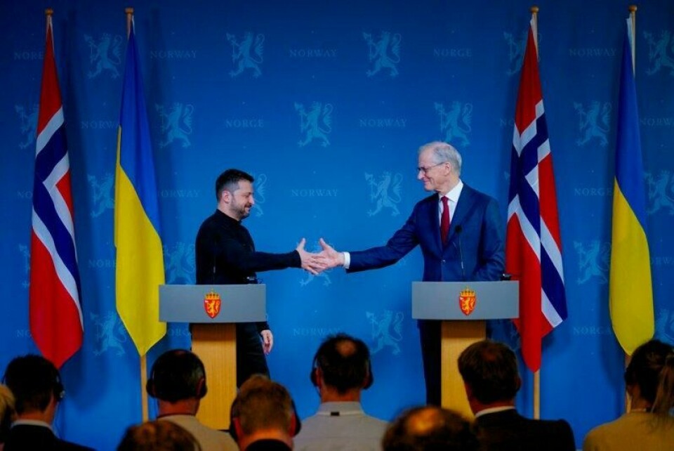 Ukrainas president Volodymyr Zelenskyj og Norges statsminister Jonas Gahr Støre (Ap) holdt torsdag pressekonferanse i regjeringens representasjonsanlegg i Oslo torsdag.