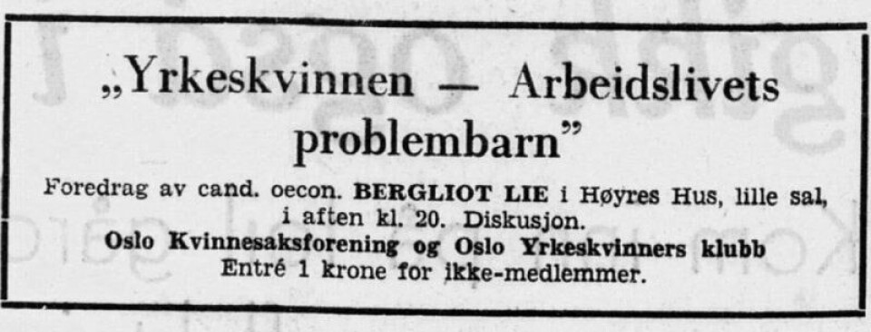 Lie holdt foredrag om likestilling og likelønn. Annonsen stod i VG, mandag 16. november 1953. (Faksimile fra Nasjonalbiblioteket) Lie holdt foredrag om likestilling og likelønn. Annonsen stod i VG, mandag 16. november 1953. (Faksimile fra Nasjonalbiblioteket)