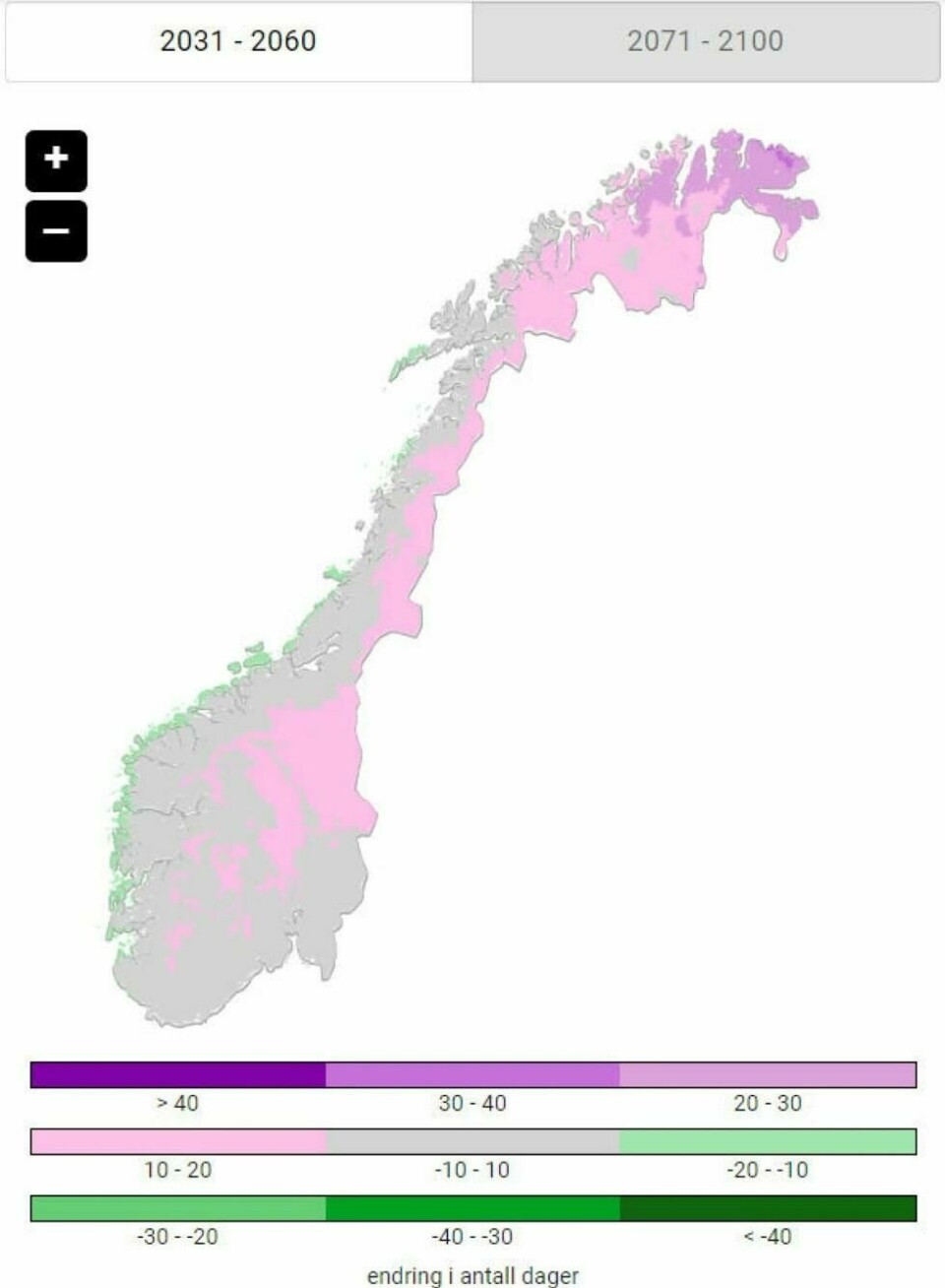 Dette kartet viser beregnede endringer i antall dager med passeringer over null grader i årene 2031-2060, sammenlignet med perioden 1971-2000. Beregningene er basert på et scenario med middels klimagassutslipp. I områdene med rosa og lilla blir det flere vekslinger mellom pluss og minus, mens der det er grønt blir det færre. (Skjermdump: Norsk Klimaservicesenter) Dette kartet viser beregnede endringer i antall dager med passeringer over null grader i årene 2031-2060, sammenlignet med perioden 1971-2000. Beregningene er basert på et scenario med middels klimagassutslipp. I områdene med rosa og lilla blir det flere vekslinger mellom pluss og minus, mens der det er grønt blir det færre. (Skjermdump: Norsk Klimaservicesenter)