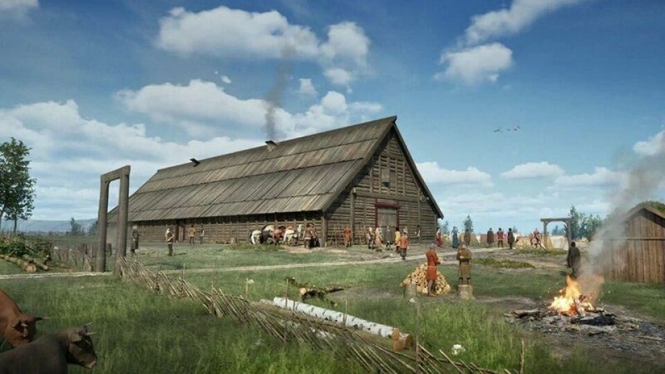 Huset på Sem kan ha sett sånn ut. Det var 16 meter bredt, og taket kan ha vært opptil 12 meter høyt. (Illustrasjon: Kulturhistorisk museum, UiO)