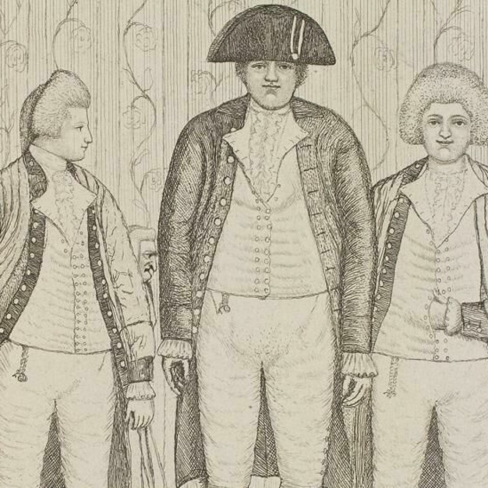 En tegning av Charles Byrne som underholdt London-borgere med sin høyde på 1780-tallet, her sammen med brødrene Knipe og ikke-navngitte kortvokste.
