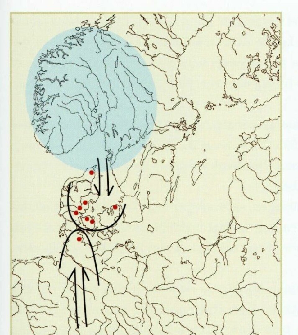 Fra området markert med blått er det funnet gjenstander og våpen i Danmark. (Kart fra boken Illerup Ådal - et arkæologisk tryllespejl av Jørgen Ilkjær (Moesgårds Museum, 2000). Fra området markert med blått er det funnet gjenstander og våpen i Danmark. (Kart fra boken Illerup Ådal - et arkæologisk tryllespejl av Jørgen Ilkjær (Moesgårds Museum, 2000).
