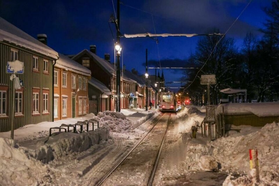 Mye snø har lagt seg på trikkesporet inn til Midtbyen i Trondheim. Mye snø har lagt seg på trikkesporet inn til Midtbyen i Trondheim. Foto: Jan Langhaug / NTB