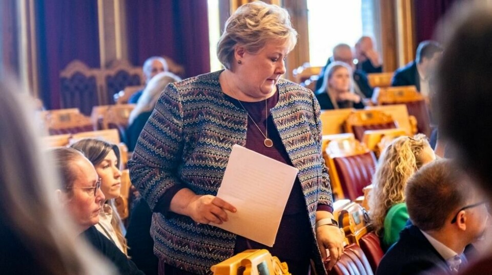 Høyre-leder Erna Solberg under den muntlige spørretimen i Stortinget 18. oktober 2023.