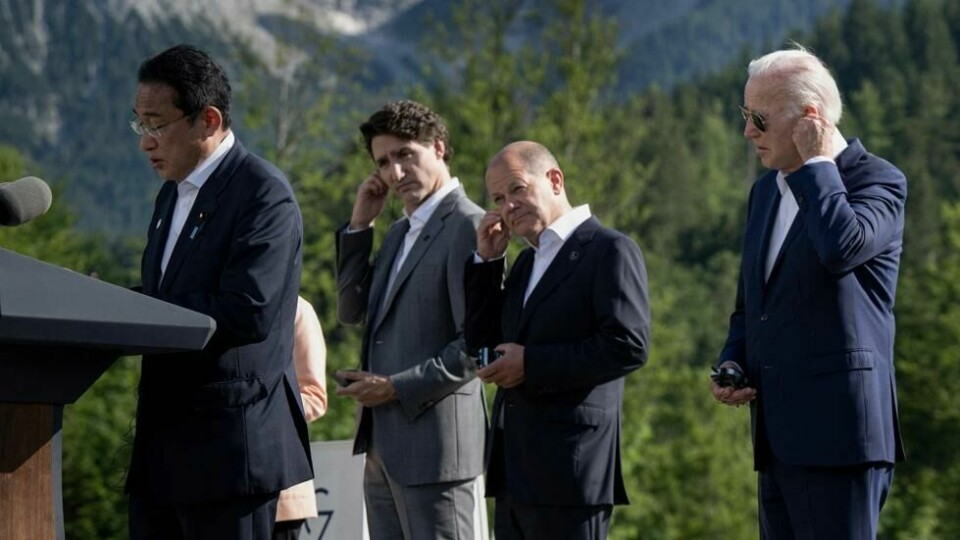 Justin Trudeau, Olaf Scholz og Joe Biden Fumio Kishidas tale G7-møte i 2022. Justin Trudeau, Olaf Scholz og Joe Biden Fumio Kishidas tale G7-møte i 2022. Foto: Brendan Smialowski / AFP / NTB