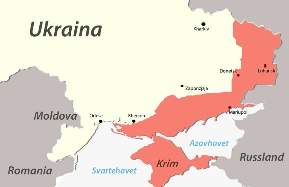 Kartet viser områder av Ukraina som foreløpig er i russiske hender, hvor direkte forbindelse mellom Russland og Krimhalvøya, gjennom Ukraina, gir Putin full kontroll over Azovhavet. Kartet viser områder av Ukraina som foreløpig er i russiske hender, hvor direkte forbindelse mellom Russland og Krimhalvøya, gjennom Ukraina, gir Putin full kontroll over Azovhavet. Foto: Magnus Fossen