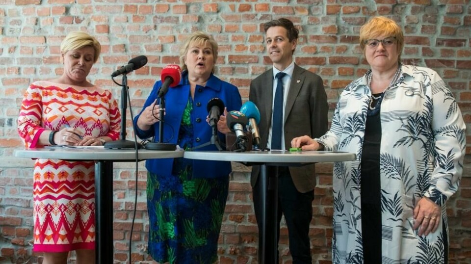 Siv Jensen, Erna Solberg, Knut Arild Hareide og Trine Skei Grande under pressekonferanse om jobber. I asylpolitikken er Venstre og KrF sterkt uenig med sin samarbeidspartner.