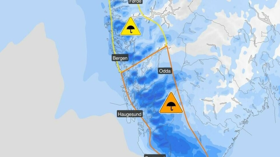 Farevarselet om regn er oppgradert til oransje nivå for deler av Vestland, Rogaland og Agder.