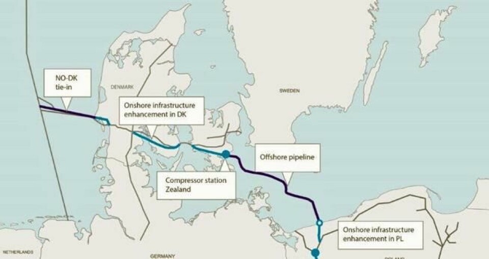 MISSING LINK: Det skal ikke mer til enn en tilknytning til Østersjøledningen som går til Polen fra Danmark, enn at rørledningen fra norsk sokkel får en avledning til Danmark, kalt NO-DK tie-in på illustrasjonen. MISSING LINK: Det skal ikke mer til enn en tilknytning til Østersjøledningen som går til Polen fra Danmark, enn at rørledningen fra norsk sokkel får en avledning til Danmark, kalt NO-DK tie-in på illustrasjonen. Foto: Gaz System
