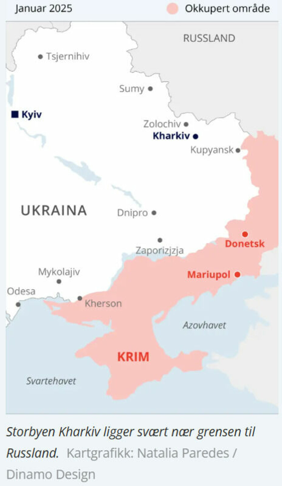 Storbyen Kharkiv ligger svært nær grensen til Russland. Kartgrafikk: Natalia Paredes / Dinamo Design Storbyen Kharkiv ligger svært nær grensen til Russland. Kartgrafikk: Natalia Paredes / Dinamo Design
