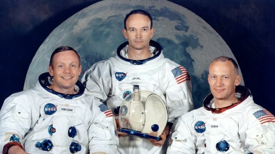 Neil Armstrong (t.v), Michael Collins (i midten) and Buzz Aldrin (t.h) i dette bildet fra 1969. 50 år senere er det bare Collins og Aldrin som er gjenlevende.