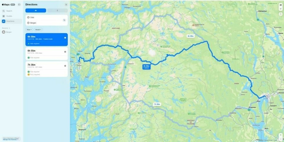Slik ser nettversjonen av Apple Maps ut. Enn så lenge er den bare på engelsk og oppgir avstanden i miles. Slik ser nettversjonen av Apple Maps ut. Enn så lenge er den bare på engelsk og oppgir avstanden i miles. Foto: Skjermdump