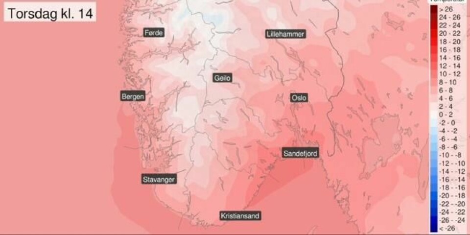 Slike temperaturer kan det bli på torsdag. Foto: Meterologisk Institutt. Slike temperaturer kan det bli på torsdag. Foto: Meterologisk Institutt.